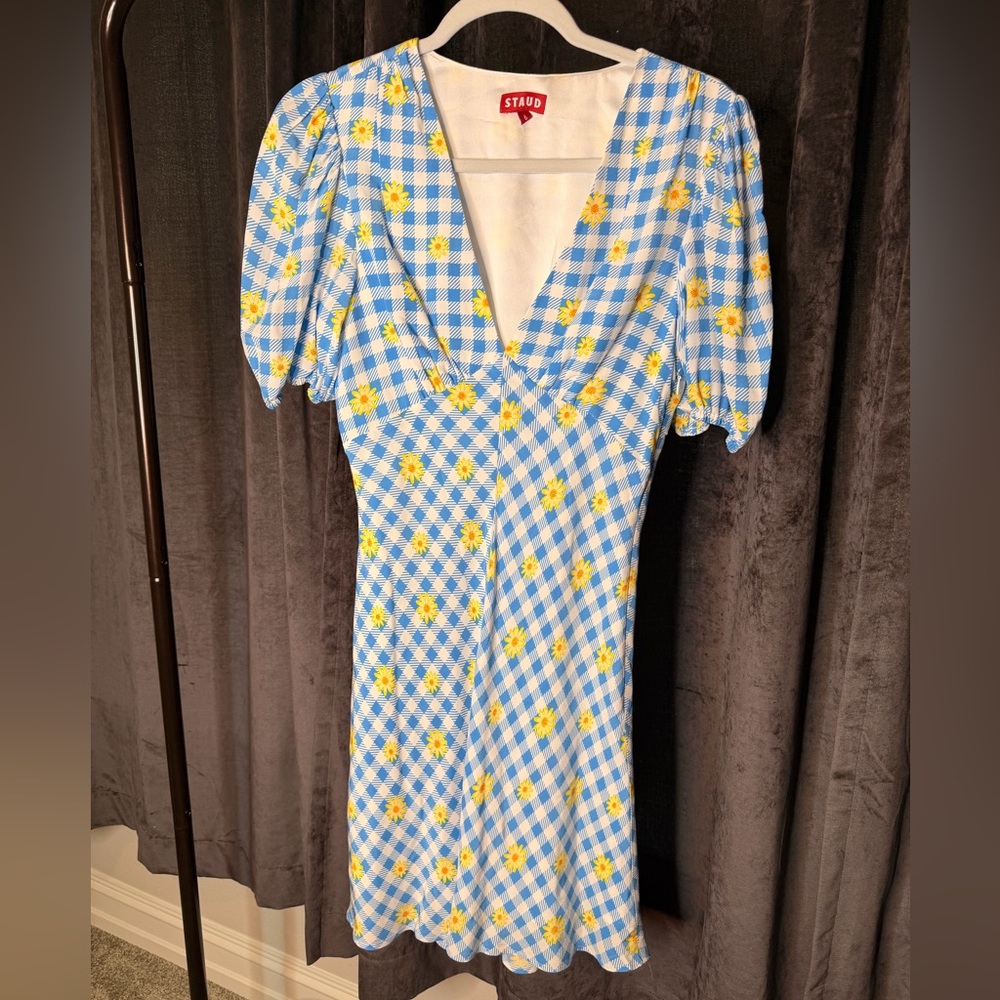 STAUD Blue and White Gingham Dress with Yellow Floral